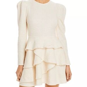 AQUA Ivory Knit BOUCLE Puff Sleeve TIERED Ruffle COCKTAIL Mini DRESS